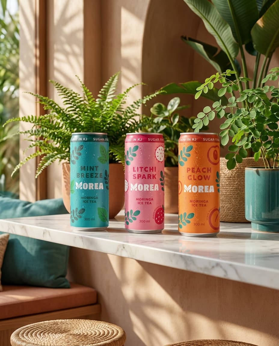 Morea botanical ice tea displayed in a premium retail setting